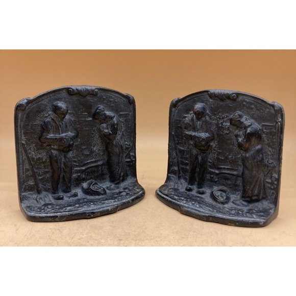 Folk Art Cast Iron Bookends Man & Woman Farming Praying for Harvest Time - Picture 1 of 7